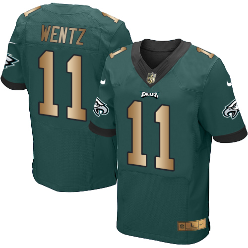 Nike Eagles #11 Carson Wentz Midnight Green Team Color Men's Stitched NFL New Elite Gold Jersey - Click Image to Close